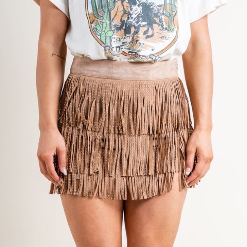 New Western Fringe Studded Mini Skirt